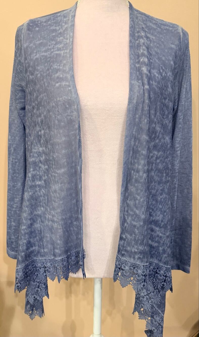 Elena Badi Italy Blue Acid Wash Asymmetrical Lace Hem Cardigan Small